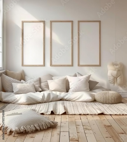 Mock-up frame set in children's room with natural wooden furniture, 3D render. Made with generative AI technology