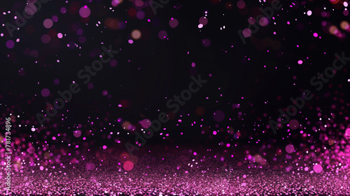 Black background with pink glitter falling on it, pink particles, vector illustration, flat design, high resolution, high detail, Defocused Lights, Glittering magenta confetti on black isolated. 