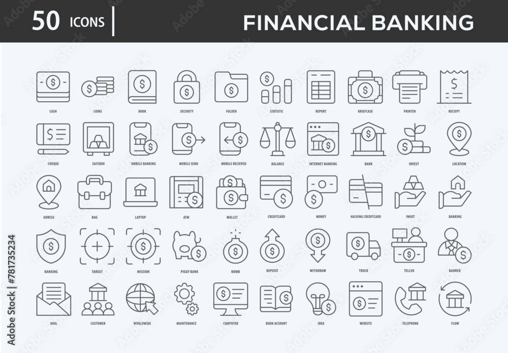 Financial Banking Icons Collection For Business, Marketing, Promotion In Your Project. Easy To Use, Transparent Background, Easy To Edit And Simple Vector Icons