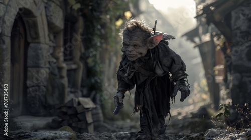 A mischievous imp darts through the scene his back hunched and his expression mischievous. He is dressed in a tattered and patched . .