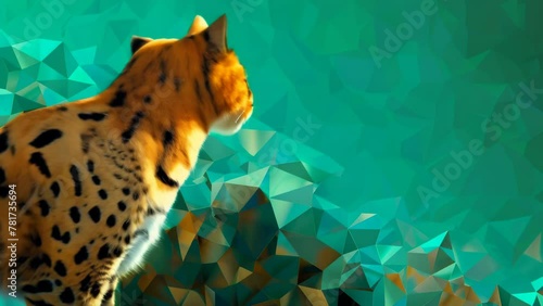 A serval cat is depicted against a background of green geometric patterns. This is a stylish piece that combines the serval cat's beautiful fur with the sharpness of geometric patterns.
 photo