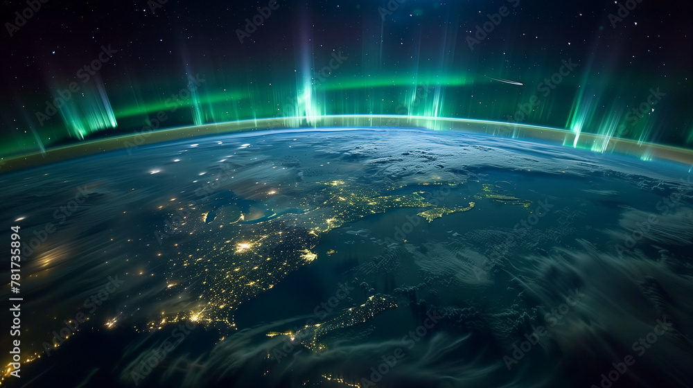 Northern lights seen from space above Earth's nighttime surface. Northern lights seen from space above Earth's nighttime surface.