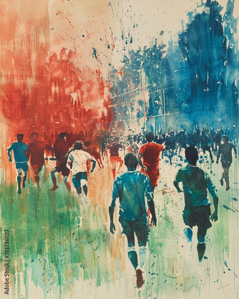A dynamic watercolor sports scene capturing the intensity of a soccer match, with players in midaction, a cheering crowd in the background, and a vivid, grassy field