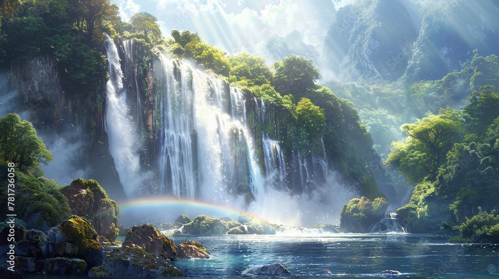 A majestic waterfall cascading over rocks into a misty pool below, surrounded by lush greenery, with rays of sunlight piercing through the mist creating rainbows, watercolor style