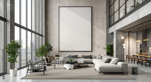 A large  square frame is hanging on the wall of an elegant living room in modern style with white furniture and concrete walls