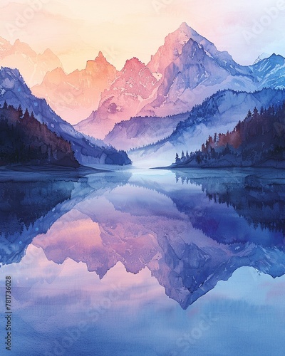 A dreamy watercolor landscape of a mountain range at dawn, with soft hues of pink and orange in the sky, reflecting on a serene, mirrorlike alpine lake