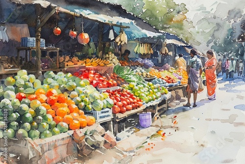A lively watercolor depiction of a bustling street market, with vendors selling an array of fresh fruits and vegetables photo