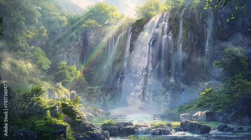 A majestic waterfall cascading over rocks into a misty pool below  surrounded by lush greenery  with rays of sunlight piercing through the mist creating rainbows  watercolor style