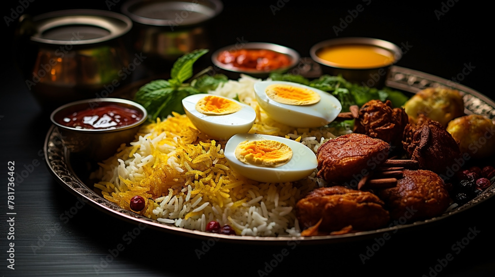 Wide photograph of delicious biriyani dish on a restaurant table in dark background Wide photograph of delicious biriyani dish on a restaurant table in dark background