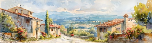 A watercolor painting of an old, charming street in a European village, with cobblestone paths, quaint houses, blooming flowers, and a distant view of rolling hills