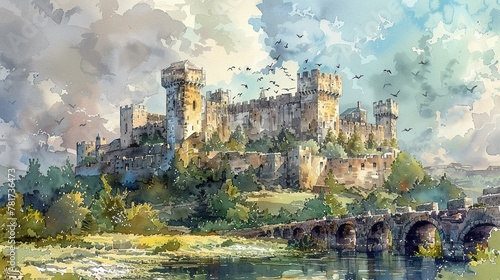 A watercolor portrayal of a majestic, ancient castle on a hill, with surrounding moat, stone bridges, lush gardens, and a backdrop of a dramatic, cloudy sky