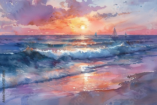 A watercolor seascape showing a peaceful beach at sunset, with gentle waves lapping the shore, a vivid palette of oranges and purples in the sky, and distant sailboats photo