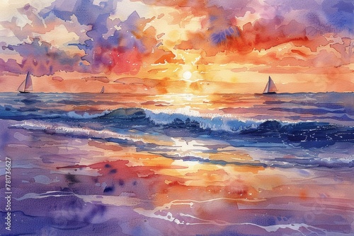 A watercolor seascape showing a peaceful beach at sunset  with gentle waves lapping the shore  a vivid palette of oranges and purples in the sky  and distant sailboats