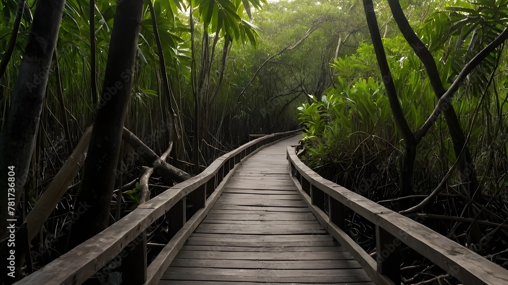 Obraz premium Wooden Bridge Paths Through Lush Forest Landscapes.