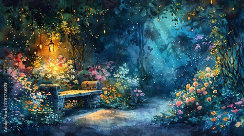 An enchanting watercolor scene of a secret garden at twilight, filled with twinkling fairy lights, colorful flowers, hidden paths, and a quaint, ivycovered stone bench © NatthyDesign