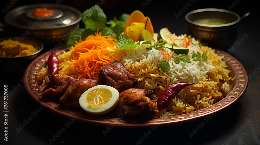 Wide photograph of delicious biriyani dish on a restaurant table in dark background Wide photograph of delicious biriyani dish on a restaurant table in dark background