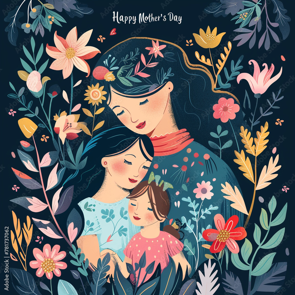 Set of Mothers Day card with cute trendy watercolor illustrations of mom and daughter, bouquet of spring flowers, modern typography and holiday wishes. Mothers day templates for poster, cover, banner
