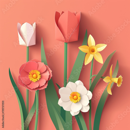 Happy Mother's day greeting card. Paper cut flowers tulips and narcissus, holiday background. Vector illustration.
