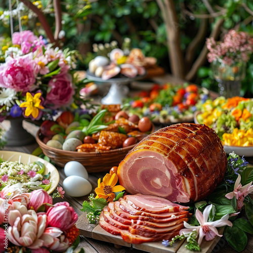 Festive Easter Brunch Spread with Glazed Ham, easter eggs, salads, assorted appetizers and spring flowers in garden  photo
