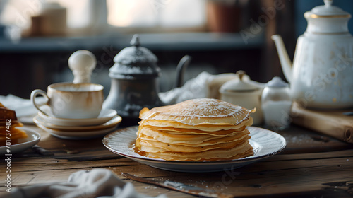 white plate with a Stack of Freshly Homemade baked pancakes stacked high with sweet syrup with cup of tea , sugar , breakfast , food background , blur effect 