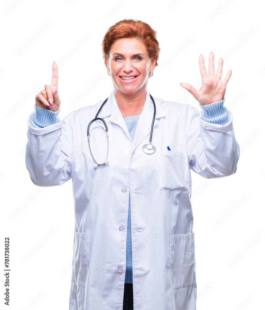 Senior caucasian doctor woman wearing medical uniform over isolated background showing and pointing up with fingers number six while smiling confident and happy. Senior caucasian doctor woman wearing medical uniform over isolated background showing and pointing up with fingers number six while smiling confident and happy.