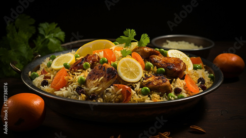 Wide photograph of delicious biriyani dish on a restaurant table in dark background 