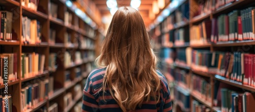 A woman standing in a library filled with books, exploring the different shelves and titles available to read