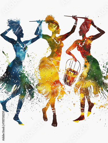 Simple colorful art illustration of three African women dancing.