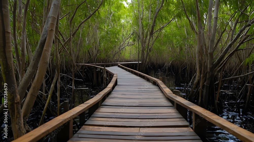 Obraz premium Wooden Bridge Paths Through Lush Forest Landscapes.