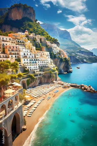 A photorealistic image of the Amalfi Coast, with its picturesque beach and colorful buildings nestled along cliffs overlooking the blue sea photo