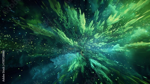 Electric blues and neon greens collide in a flurry of abstract explosions creating a futuristic and dynamic display.