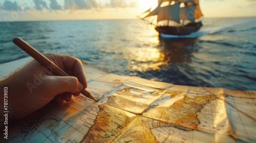 A hand draws precise lines on a map marking out the boundaries of newly discovered land. In the background a ship sails off into the horizon its sails full with the promise of new .