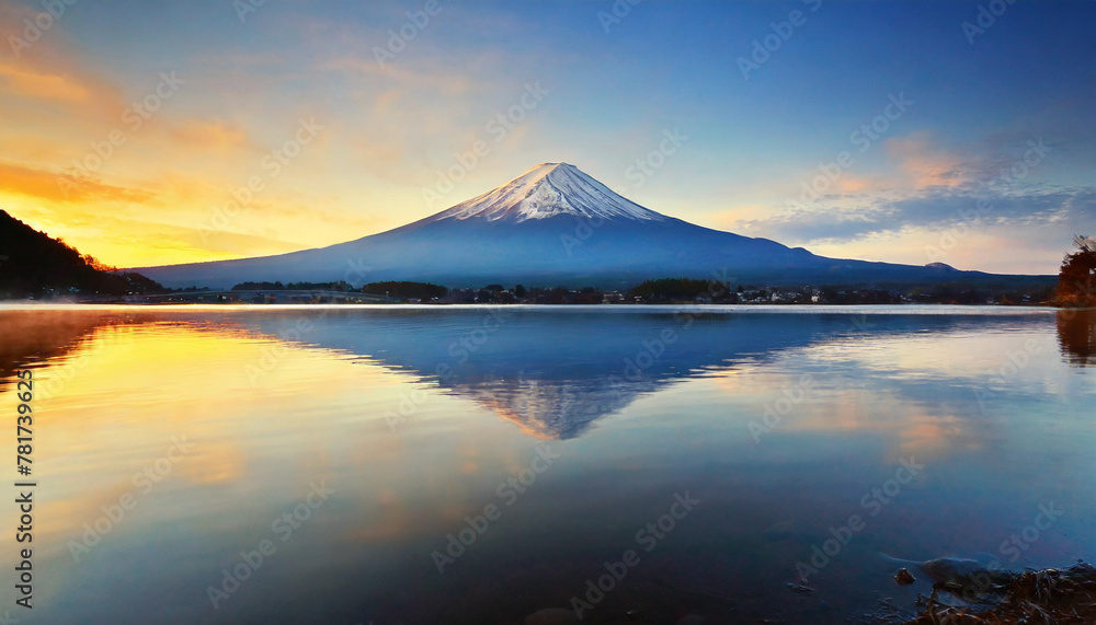 mountain Fuji at dawn with peaceful lake reflection mountain Fuji at dawn with peaceful lake reflection