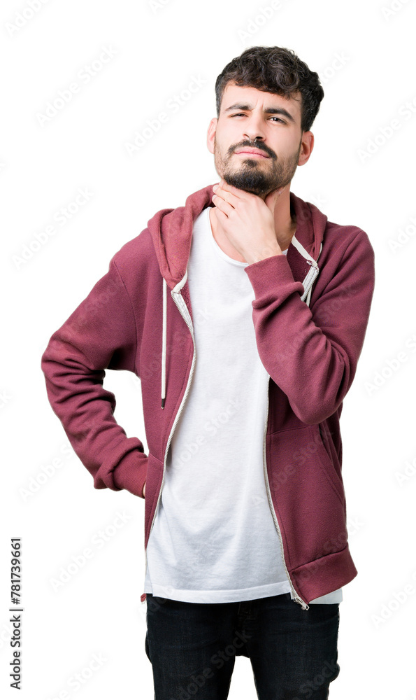 Young handsome man over isolated background Touching painful neck, sore throat for flu, clod and infection Young handsome man over isolated background Touching painful neck, sore throat for flu, clod and infection
