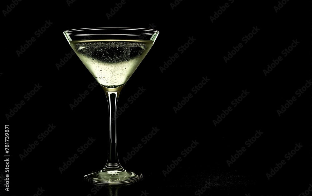 Martini glass with pale yellow liquid and bubbles on the surface,black background,copy space.