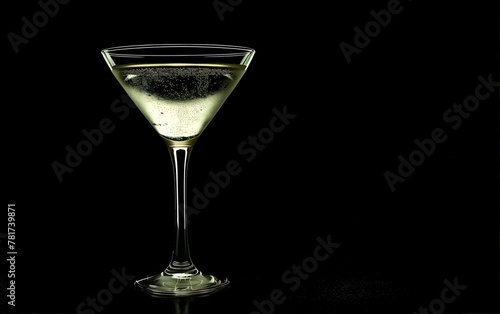Martini glass with pale yellow liquid and bubbles on the surface,black background,copy space.