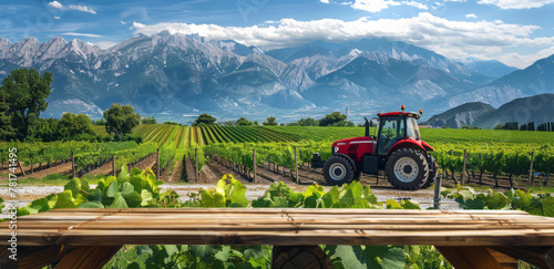 A red tractor against a backdrop of vineyards and mountains, with a wooden table for product presentation. photo