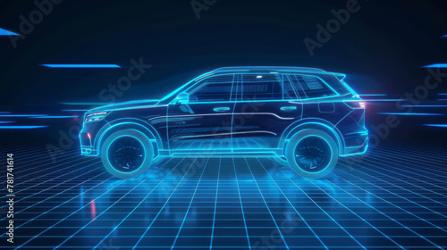 A blue digital hologram of a modern car appears on a grid background, with a glowing light effect and a black and blue color scheme.