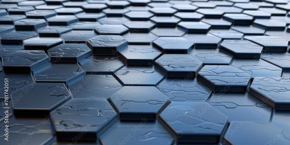 Fototapeta premium A dark blue backdrop features an abstract honeycomb pattern in shades of gray and silver, giving it a futuristic feel.