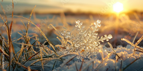 A glass snowflake sits in the center of a snow-covered open field at sunset, bathed in warm sunlight. © Duka Mer