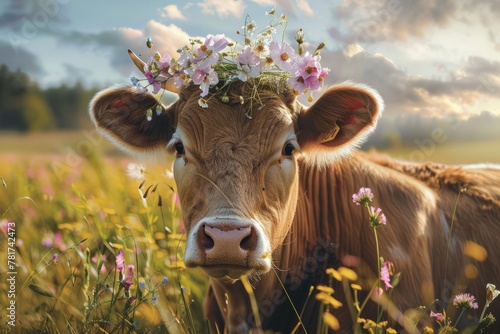 The cow with flowers on its head, wreath of flowers on the muzzle.  photo