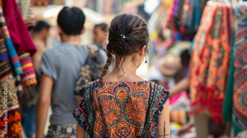 A young woman in a patterned dress back adorned with intricate tattoos haggling with a vendor over the price of a beautiful handmade . .