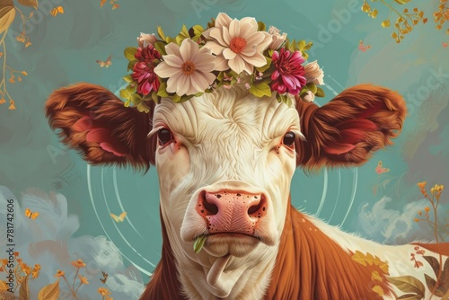 The cow with flowers on its head, wreath of flowers on the muzzle.  photo