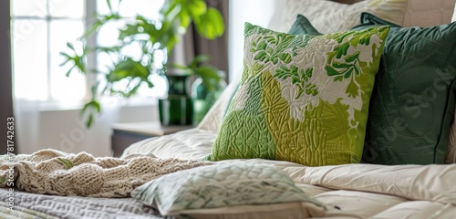 Vibrant green pillow as the focal point in a textured bedroom setting
