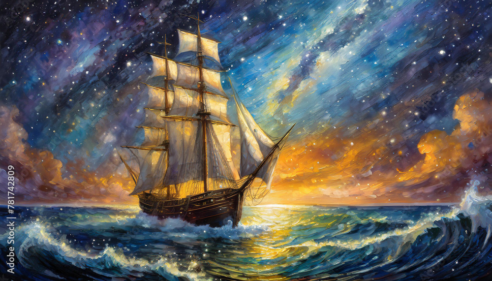Foto de Night sky with the milky way galaxy and a tall sailing ship ...