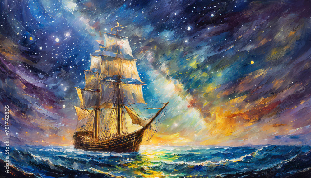Night sky with the milky way galaxy and a tall sailing ship with the ...