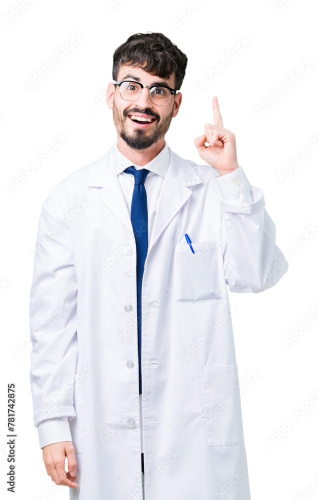 Young professional scientist man wearing white coat over isolated background pointing finger up with successful idea. Exited and happy. Number one. Young professional scientist man wearing white coat over isolated background pointing finger up with successful idea. Exited and happy. Number one.