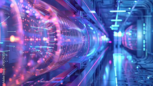 a state-of-the-art quantum computing core, illuminated by neon lights with intricate, swirling patterns representing qubits in action, set in a sleek, high-tech laboratory environment.