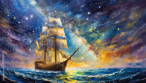 Night sky with the milky way galaxy and a tall sailing ship with the wind in her sails, oil photo