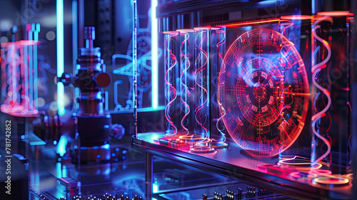 a state-of-the-art quantum computing core  illuminated by neon lights with intricate  swirling patterns representing qubits in action  set in a sleek  high-tech laboratory environment.
